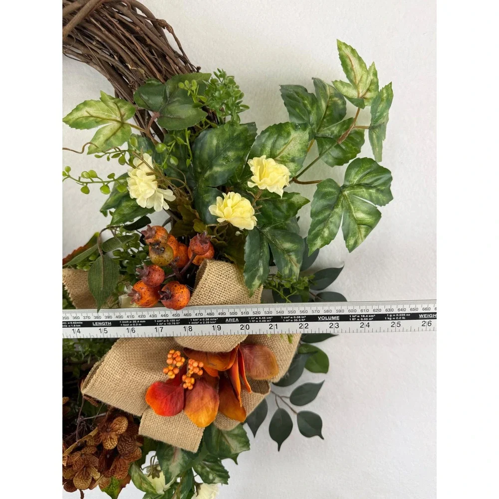 Handmade Fall Grapevine Wreath Orange Hydrangea Burlap Bow Autumn Decor